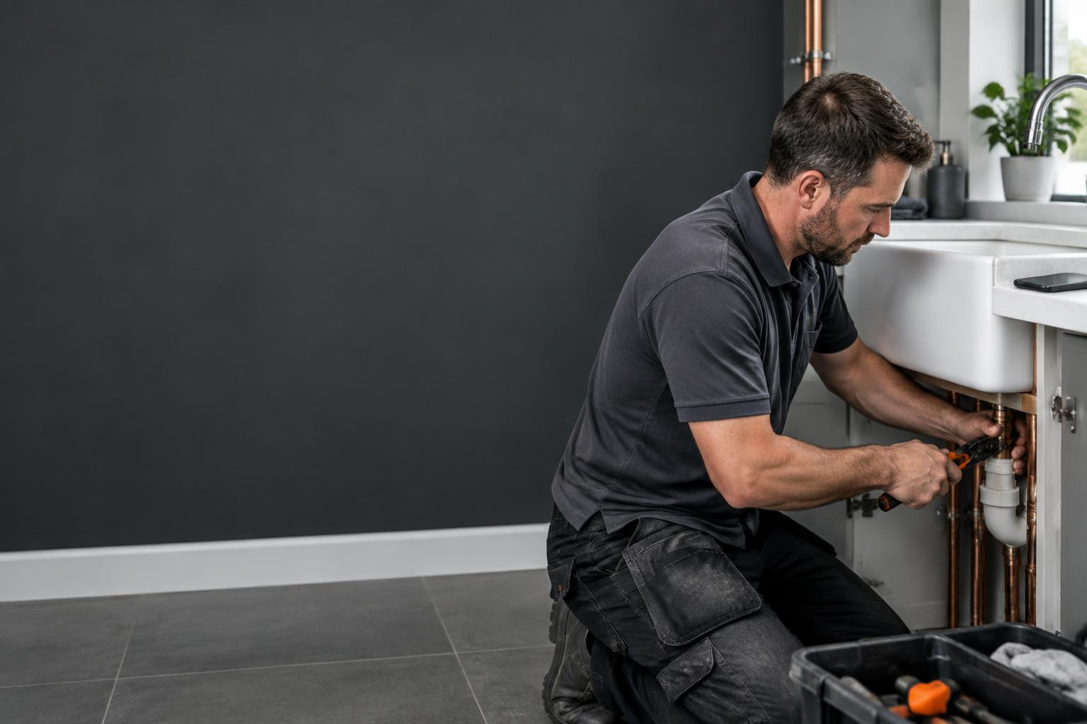 Plumber working on a kitchen sink while Ring Rescue UK takes care of calls